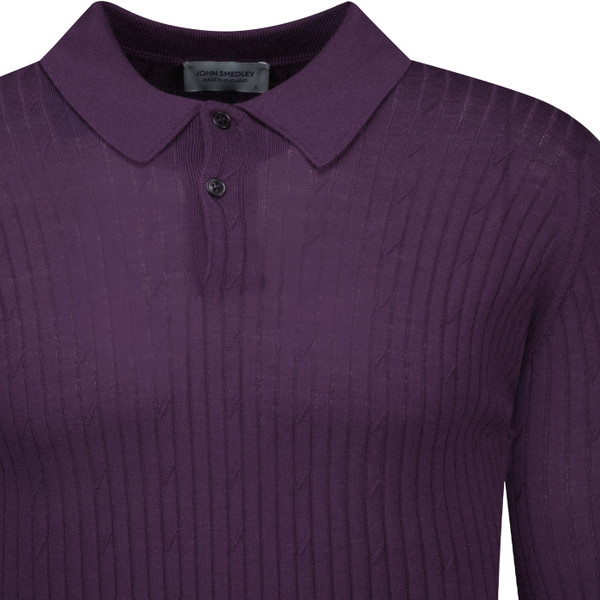 John Smedley Mens Hodson Extra Fine Merino Wool Cable Rib Long Sleeve Polo Top in Velvet Plum