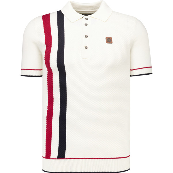 Trojan Mens Retro Racing Stripe Popcorn Knit Polo Shirt in Cream