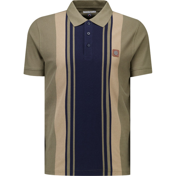 Lambretta Mens Yarn Dyed Stripe Classic Polo T-Shirt in Khaki Lead Grey and Dark Sapphire
