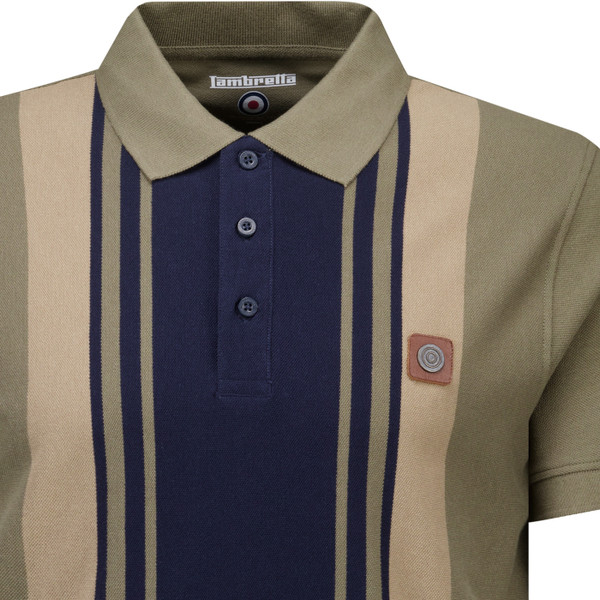 Lambretta Mens Yarn Dyed Stripe Classic Polo T-Shirt in Khaki Lead Grey and Dark Sapphire