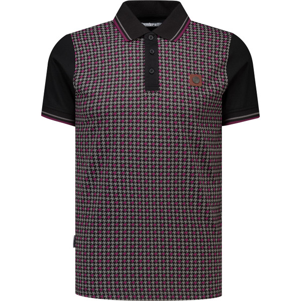 Lambretta Mens Twin Tipped Houndstooth Polo T-Shirt in Black and Burgundy