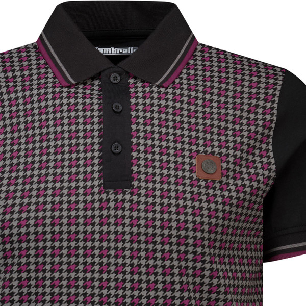 Lambretta Mens Twin Tipped Houndstooth Polo T-Shirt in Black and Burgundy