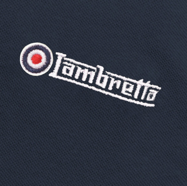 Embroidered logo on Lambretta Mod 60s Twin Racing Stripe Polo in Navy/Thunderstorm