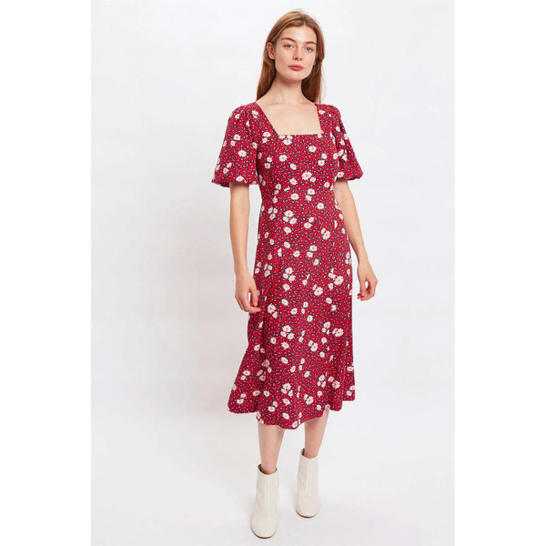 Louche Nadine Roaring Daisy Print Square Neck Balloon Sleeve Midi Dress in Red