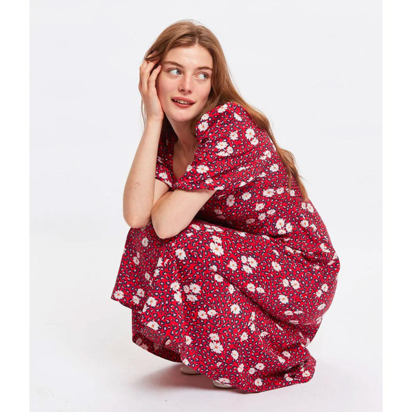 Louche Nadine Roaring Daisy Print Square Neck Balloon Sleeve Midi Dress in Red