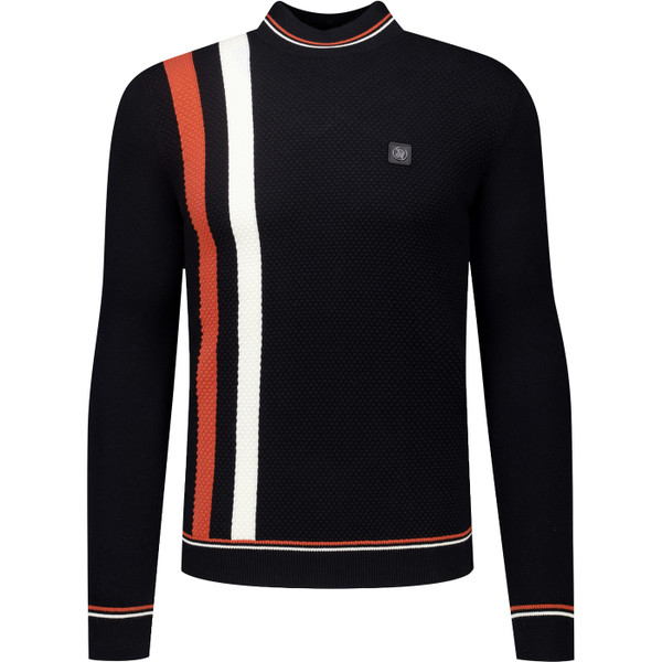 Trojan Mens Retro Racing Stripe Popcorn Knit Turtle Neck Jumper in Black