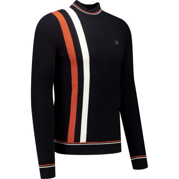 Trojan Mens Retro Racing Stripe Popcorn Knit Turtle Neck Jumper in Black