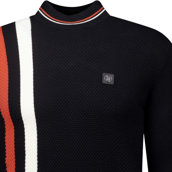 Trojan Mens Retro Racing Stripe Popcorn Knit Turtle Neck Jumper in Black