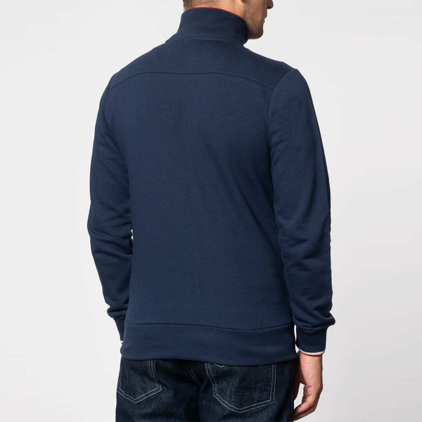 Back View of Model Wearing the Merc Truman Retro Stripe Collar Track Jacket in Navy