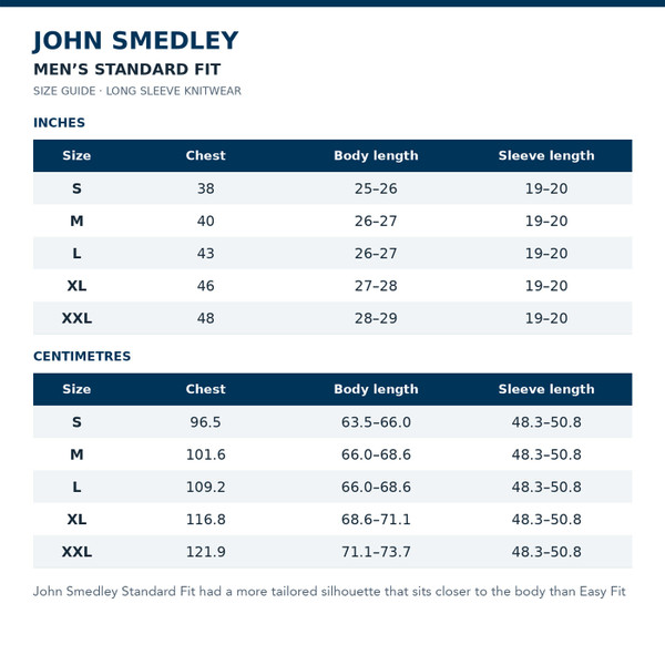 Size guide for John Smedley Harcourt Merino Mock Turtleneck Jumper in Teal Firth