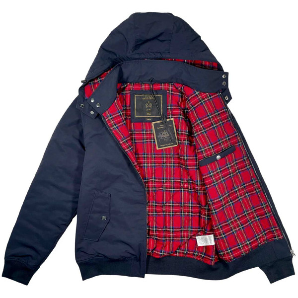 Merc Longhill Mod Hooded Tartan Lined Harrington Jacket Dark Navy - Tartan Lining
