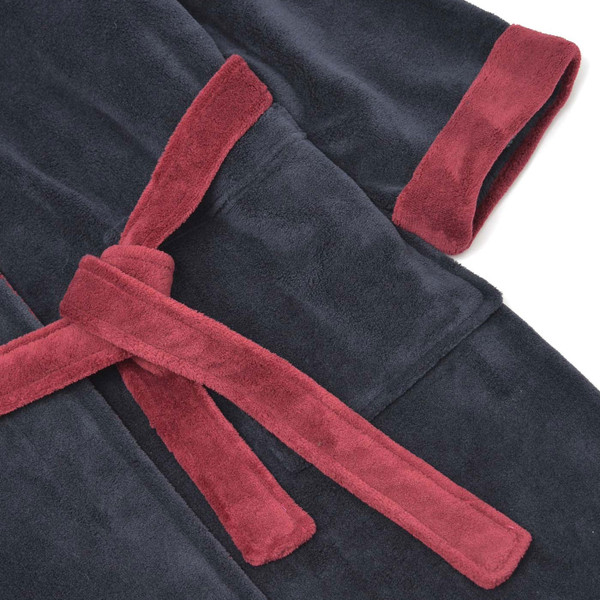 Burgundy tie belt on Lambretta Clothing Men's Luxury Fleece Dressing Gown in Navy/Burgundy