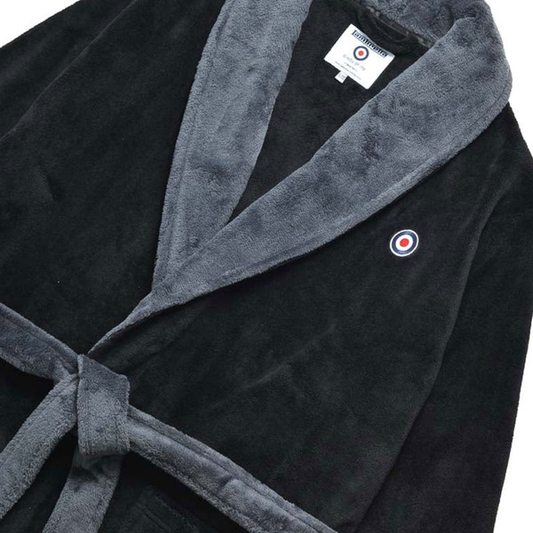 Grey Collar on Lambretta Men's Luxury Fleece Dressing Gown in Black/Grey