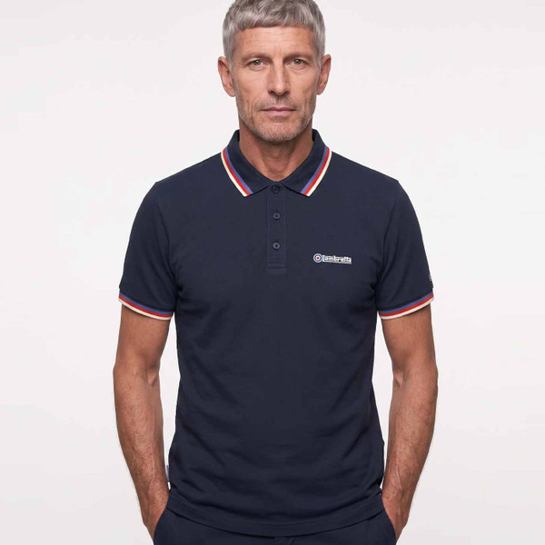 Model Wearing Lambretta Mod Triple Tipped Pique Polo Shirt in Dark Navy/Blue/Red/Jetstream