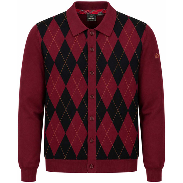 Merc Tamarisk 1960s Mod Argyle Knit Polo Cardigan Burgundy - Front View