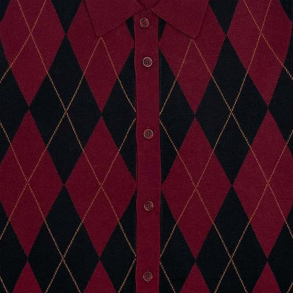 Merc Tamarisk 1960s Mod Argyle Knit Polo Cardigan Burgundy - Close Up