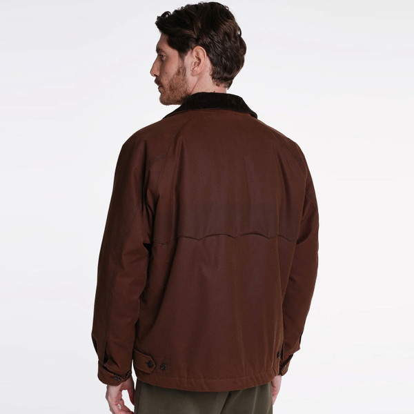 Back of Baracuta Men's British Millerain Waxed Deck Jacket in Chocolate Brown