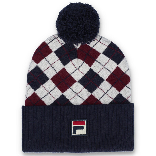 Fila Vintage Ellias Retro Argyle Knitted Bobble Hat in Navy/Red