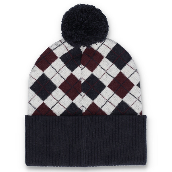Back of Fila Vintage Ellias Retro Argyle Knitted Bobble Hat in Navy/Red