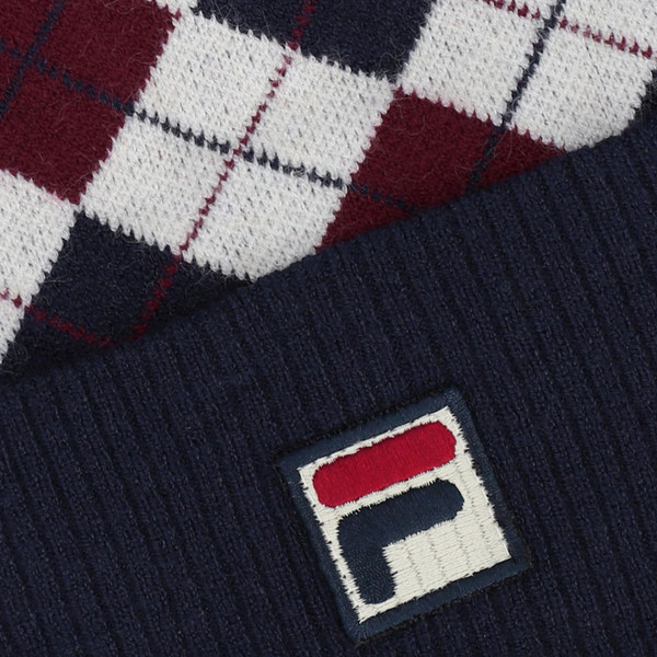 Knit detail on Fila Vintage Ellias Retro Argyle Knitted Bobble Hat in Navy/Red