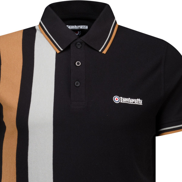 Lambretta Mens Vertical Stripe Short Sleeve Polo in Black and Tobacco