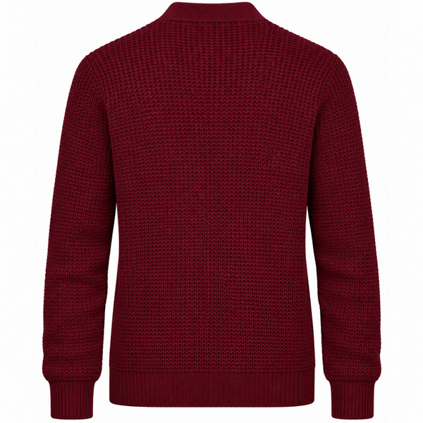 Back of Merc Grayson 70s Textured Waffle Knit V-neck Cardigan in Burgundy