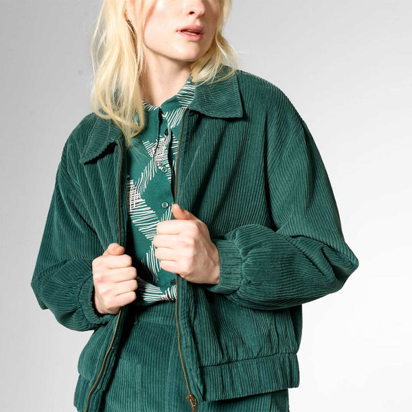 Mademoiselle YeYe Rib n Roll Retro Cord Bomber Jacket Botanical Garden - Model Wearing Jacket Unzipped