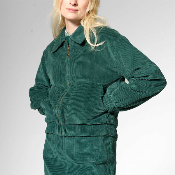 Mademoiselle YeYe Rib n Roll Retro Cord Bomber Jacket Botanical Garden - Model Wearing Jacket Fully Zipped