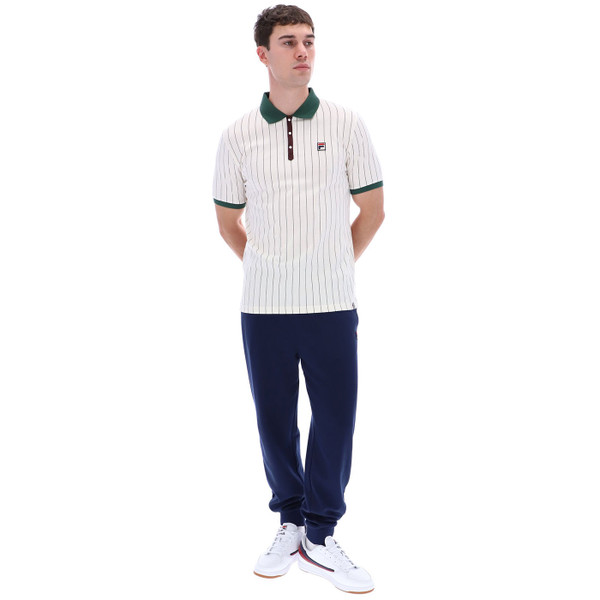 Man wearing Fila Vintage BB1 Pinstripe Bjorn Borg Polo Shirt in Off White/Green