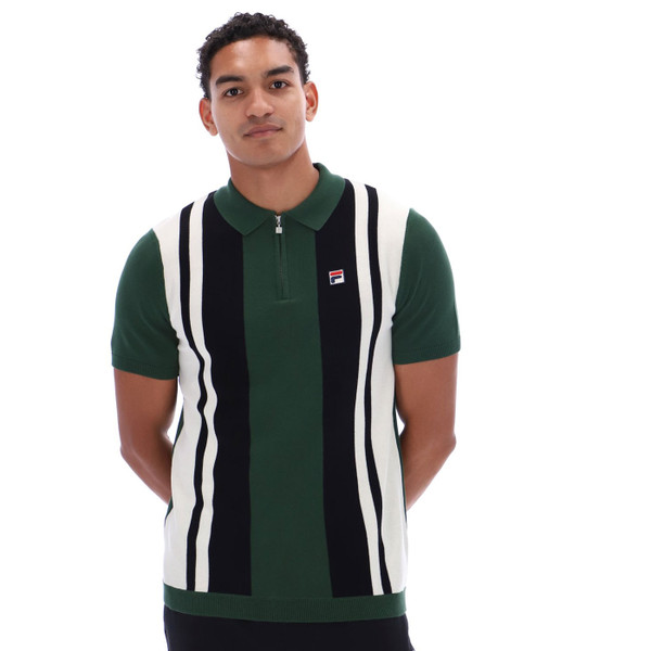 Man wearing Fila Vintage Men's Lazar Knitted Zip Polo in Pine Needle Green/Black
