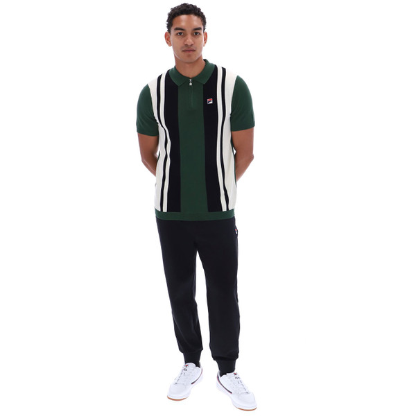 Man wearing Fila Vintage Men's Lazar Knitted Zip Polo in Pine Needle Green/Black