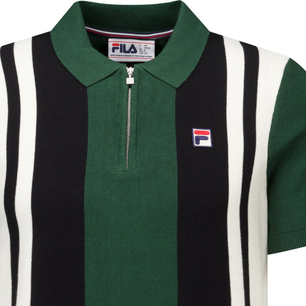 Fila Vintage Mens Lazar Knitted Colourblock Zip Polo Tshirt in Pine Needle Black and Gardenia