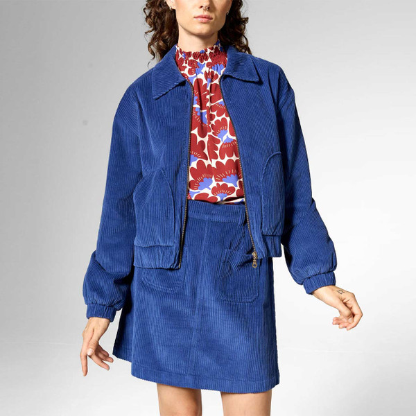 Mademoiselle YeYe Rib N Roll Jumbo Cord Bomber Jacket Blue Depth - Model Main View