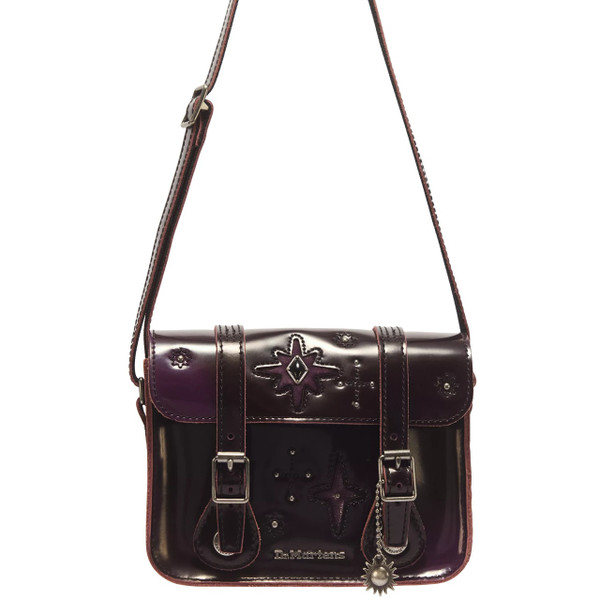 Shoulder strap on Dr Martens Women's 7 Inch Whimsigoth Arcadia Leather Crossbody Satchel in Purple / Black