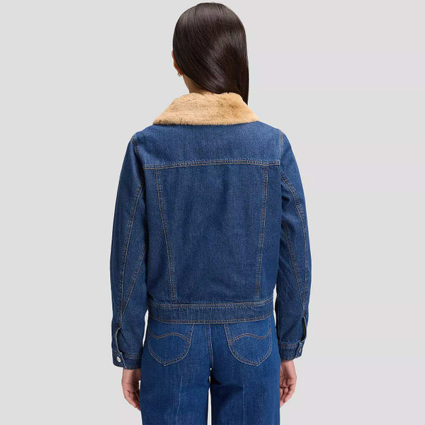Lee Jeans Women's Sherpa Collar Zip Front Denim Jacket Laugh Riot - Model Back View