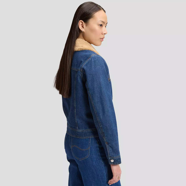 Lee Jeans Women's Sherpa Collar Zip Front Denim Jacket Laugh Riot - Model Side View