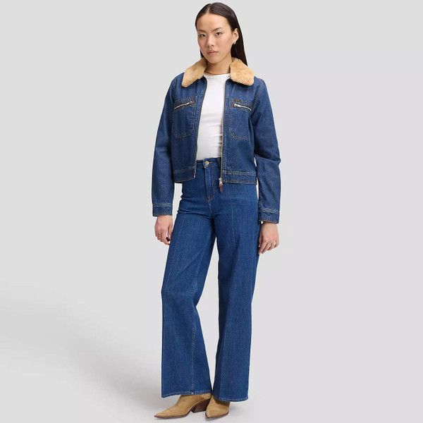 Lee Jeans Women's Sherpa Collar Zip Front Denim Jacket Laugh Riot - Model Full Length