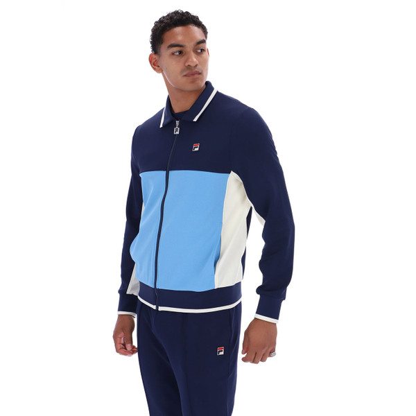 Side of Fila Vintage Men's Arlen Retro Colour Block Track Jacket in Navy/Azure Blue