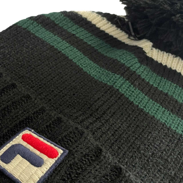 Fila Vintage Markee Retro 70s Stripe Bobble Hat Black/Pine Needle - Close Up