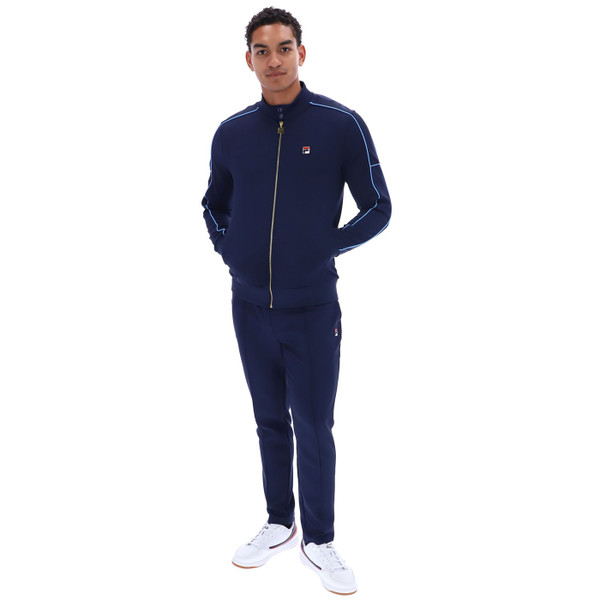 Man wearing Fila Vintage Men's Eldon Retro Piped Track Jacket in Navy