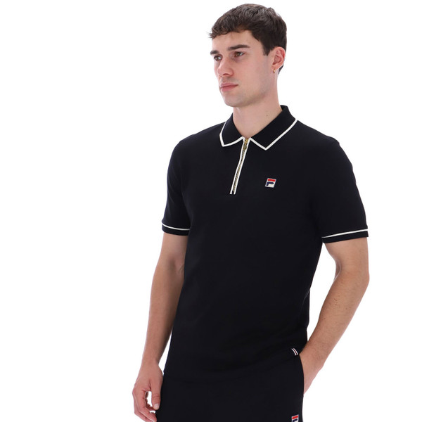 Man wearing Fila Vintage Men's Oden Retro Tipped Zip Neck Polo Shirt in Black