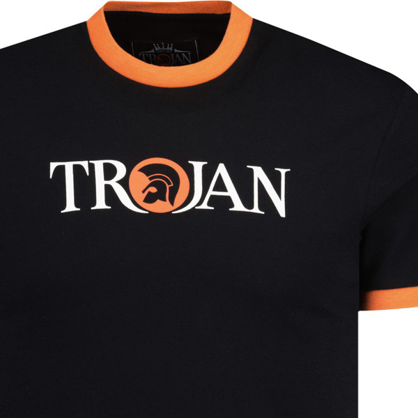 trojan clothing mens retro mod signature logo print ringer neck tshirt black orange