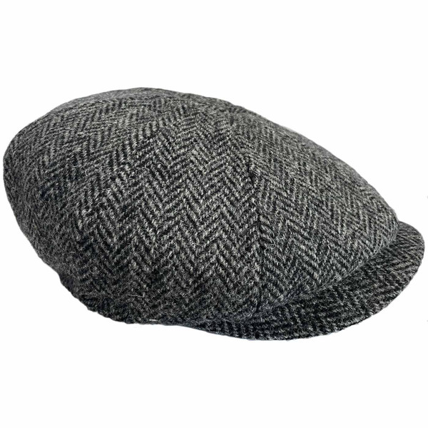Failsworth Carloway Harris Tweed Retro Herringbone Bakerboy Hat in Black/Grey