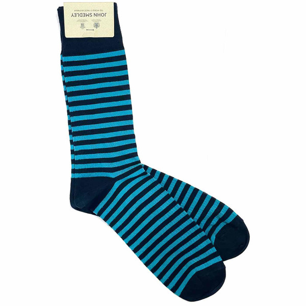 John Smedley Berwick Made in Wales Retro Ribbed Stripe Socks in Navy and Teal