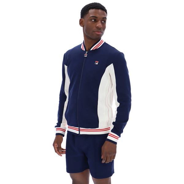 Side pinstripes on Fila Vintage Settanta Retro 80s Baseball Track Jacket in Navy/Gardenia/Fila Red LM161RN1 411