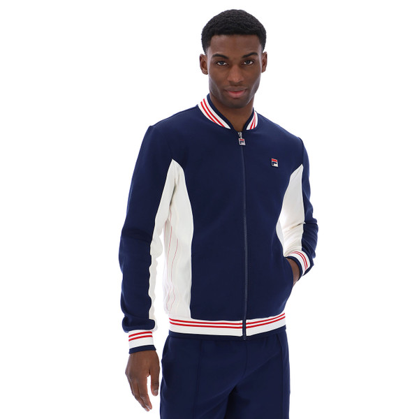 Model wearing Fila Vintage Settanta Retro 80s Baseball Track Jacket in Navy/Gardenia/Fila Red LM161RN1 411