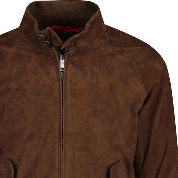 Collar and zipper on Baracuta Men's G9 Suede Mod Harrington Jacket in Chocolate Brown