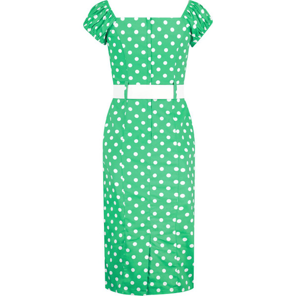 collectif womens blanche retro polka dot belted sweetheart neck sleeveless pencil dress green white