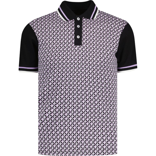 ska and soul mens retro geometric pattern jacquard panel twin tipped polo tshirt lilac black
