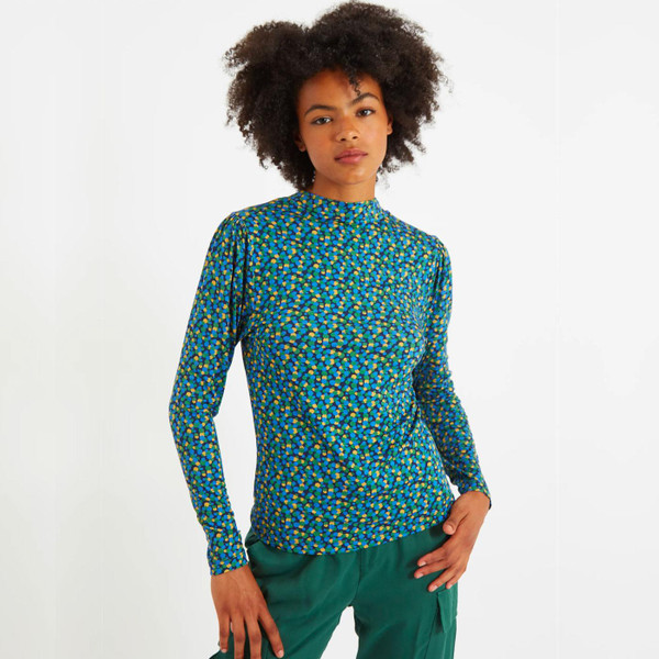 Louche Gilly Bubble Pop Long Sleeve Retro Jersey Top in Blue